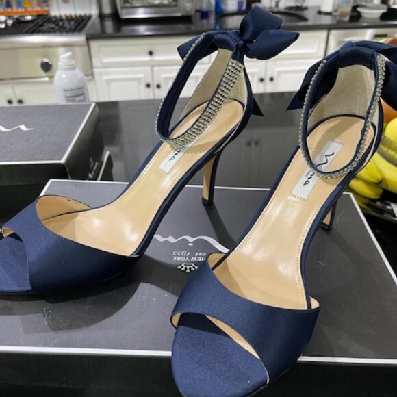 blue satin sandals with a crystal ankle tie - Picture 1 of 4